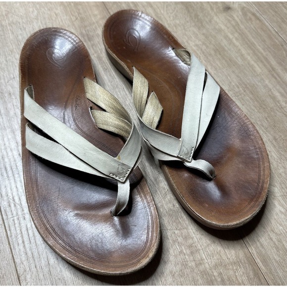 OluKai Shoes - OluKai Kaekae Women's Thong Sandals Beige Ivory Leather Flip-Flop Sz 10 EU 40
